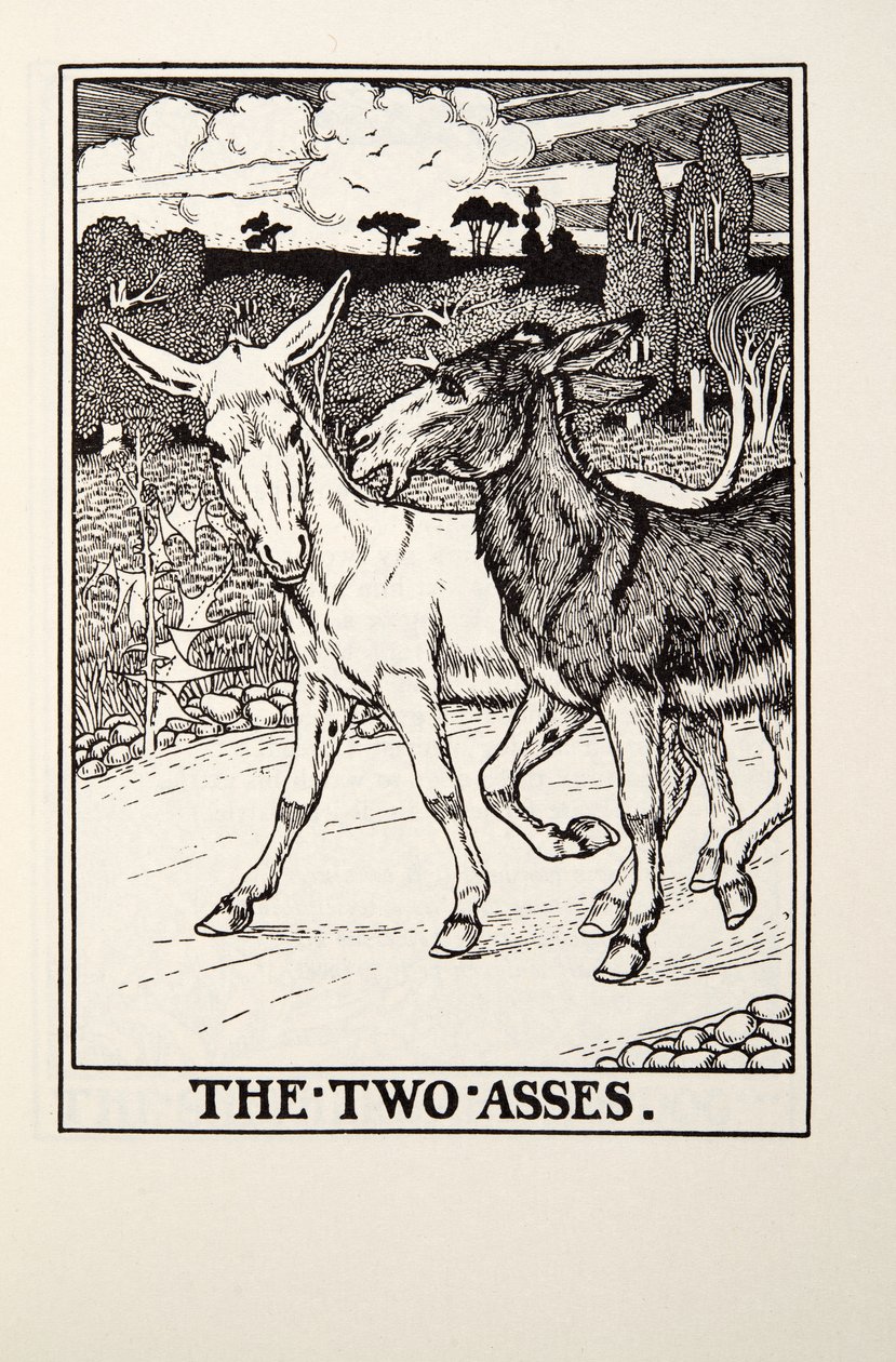Los dos burros, de Fábulas de Fontaine, pub. 1905 de Percy J. Billingshurst