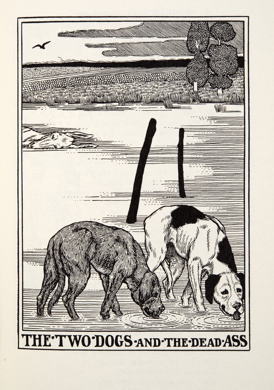 Los dos perros y el asno muerto, de las Fábulas de Fontaine, pub. 1905 de Percy J. Billingshurst