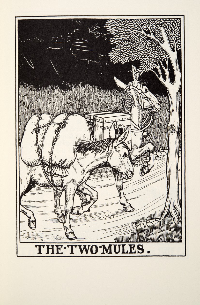 Los dos mulos, de Fábulas de Fontaine, pub. 1905 de Percy J. Billingshurst