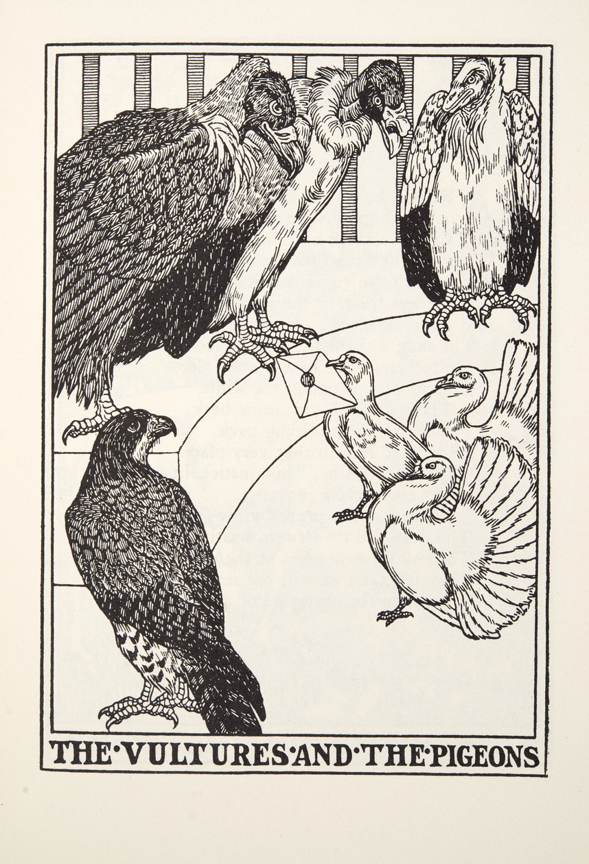 Los buitres y las palomas, de Fábulas de Fontaine, pub. 1905 de Percy J. Billingshurst