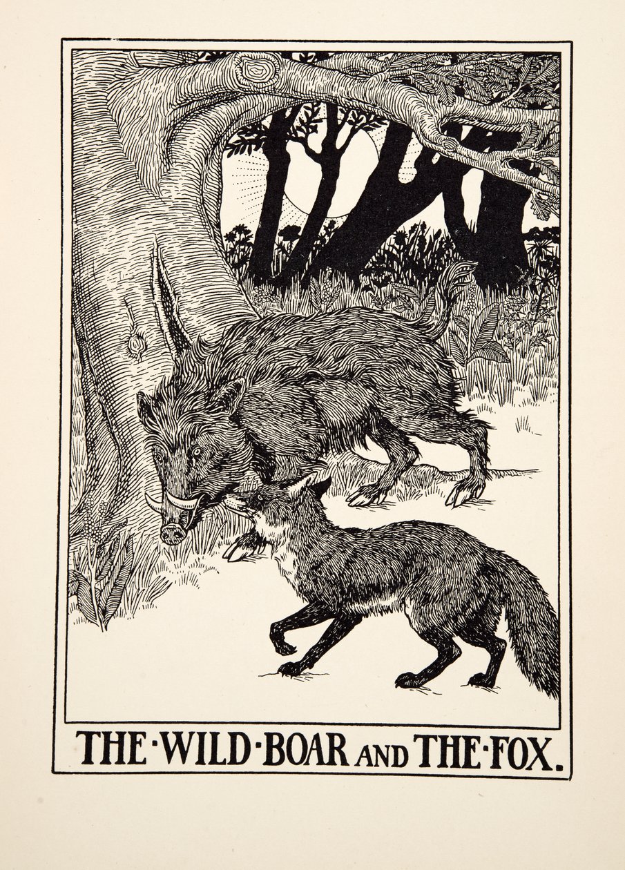 El Jabalí y el Zorro, de Cien Fábulas de Esopo, pub. 1903 de Percy J. Billingshurst
