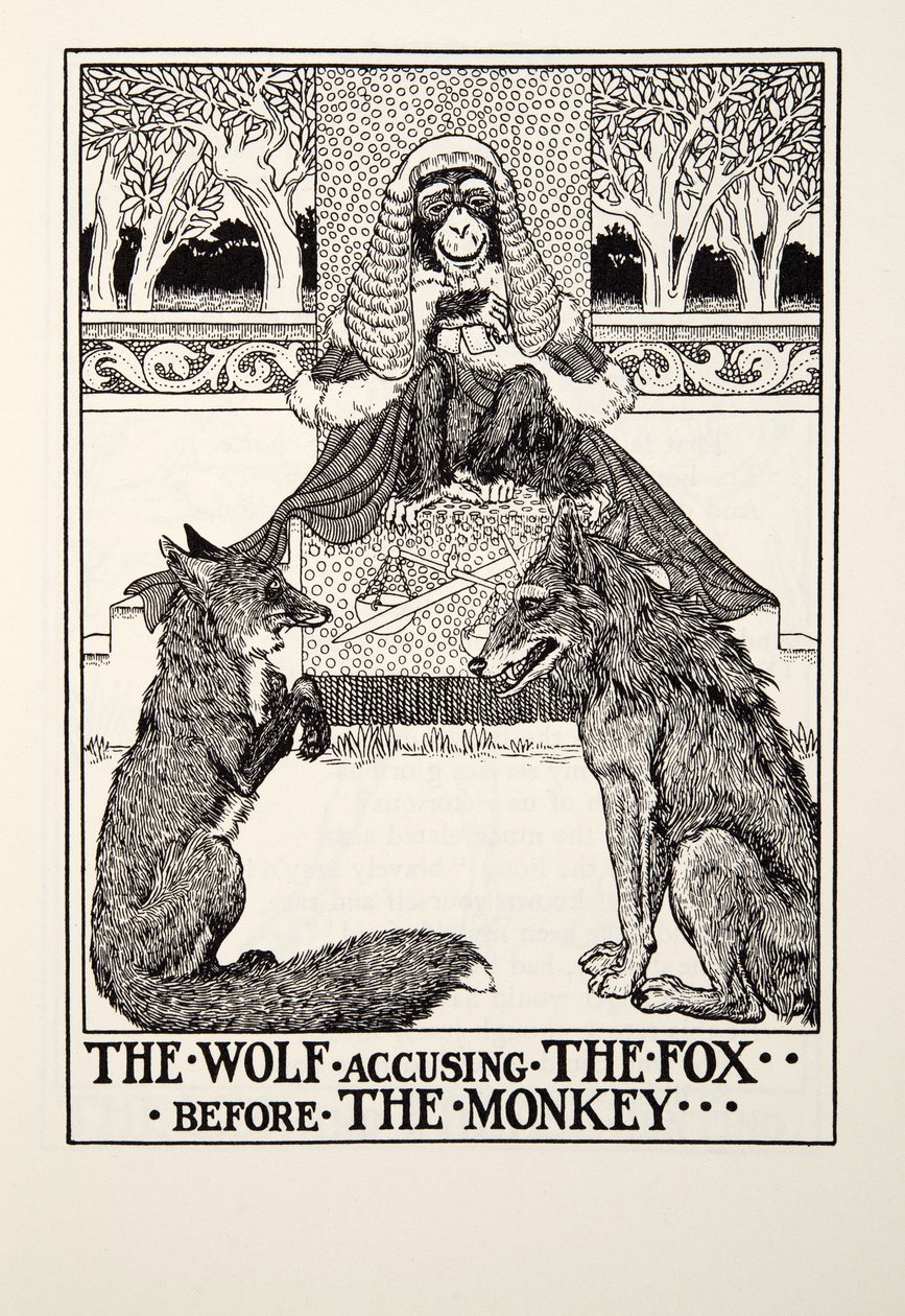 El lobo acusando al zorro ante el mono, de Fábulas de Fontaine, pub. 1905 de Percy J. Billingshurst