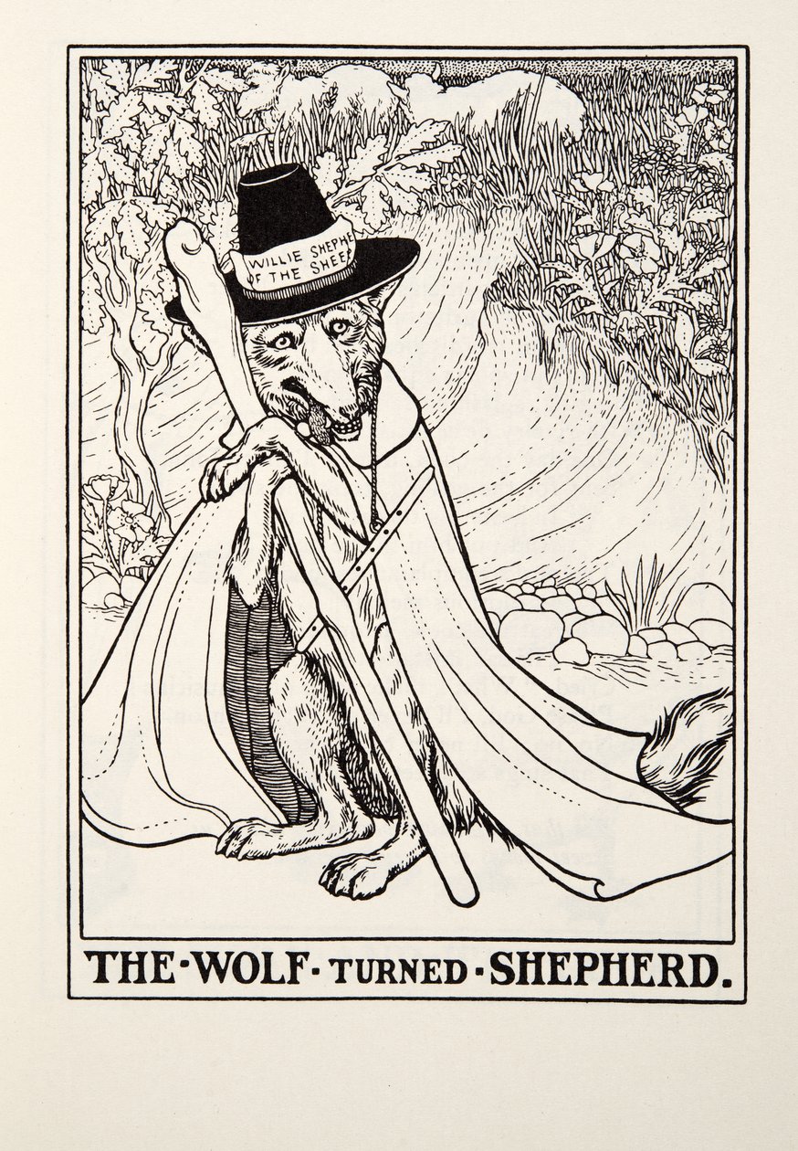 El lobo convertido en pastor, de Fábulas de Fontaine, pub. 1905 de Percy J. Billingshurst