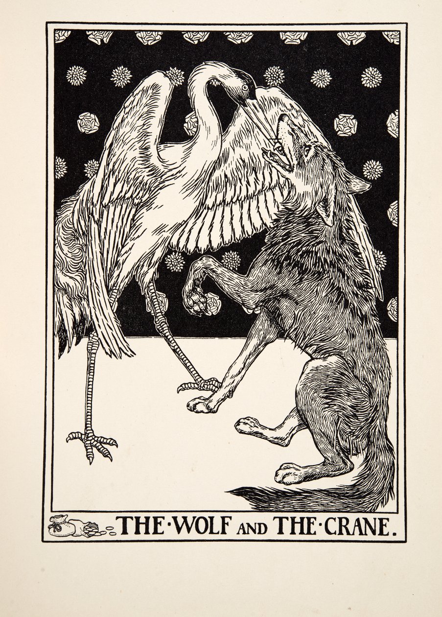 El lobo y la grulla, de Cien fábulas de Esopo, pub.1903 de Percy J. Billingshurst