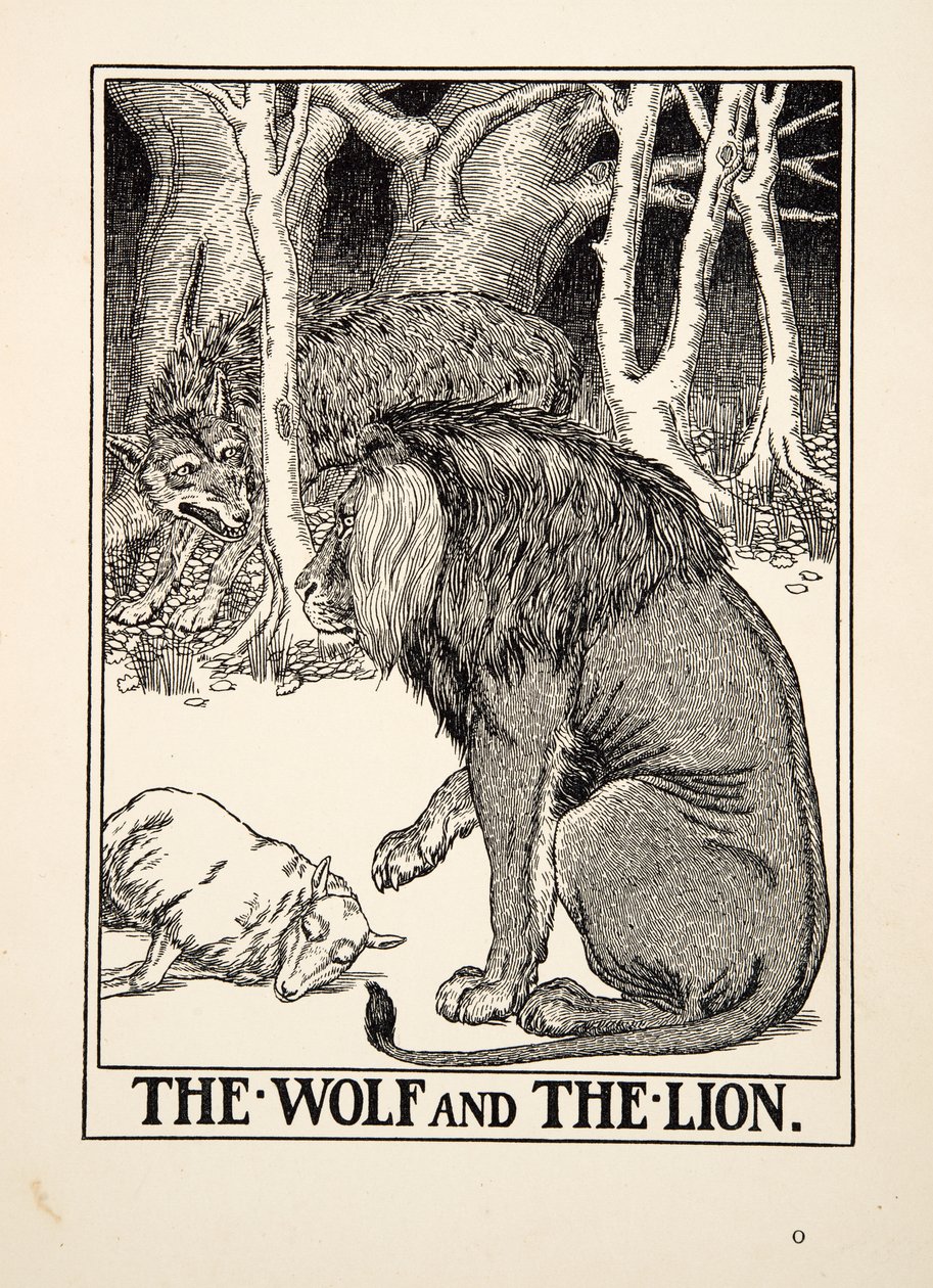 El lobo y el león, de Cien fábulas de Esopo, pub. 1903 (grabado) de Percy J. Billingshurst