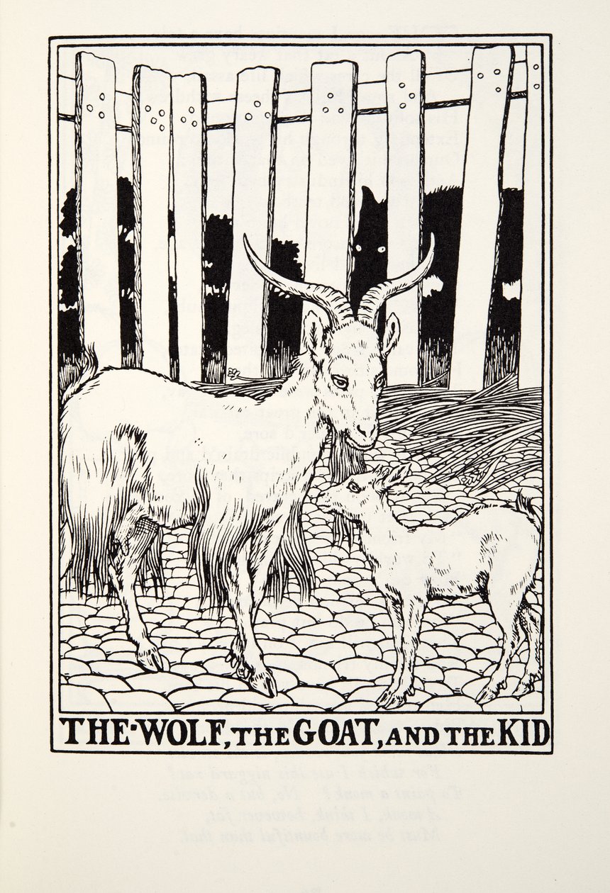 El Lobo, la Cabra y el Cabrito, de las Fábulas de Fontaine, pub. 1905 de Percy J. Billingshurst