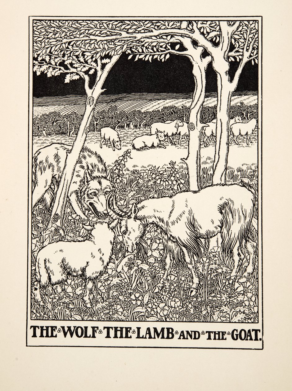 El Lobo, el Cordero y la Cabra, de Cien Fábulas de Esopo, pub.1903 (grabado) de Percy J. Billingshurst