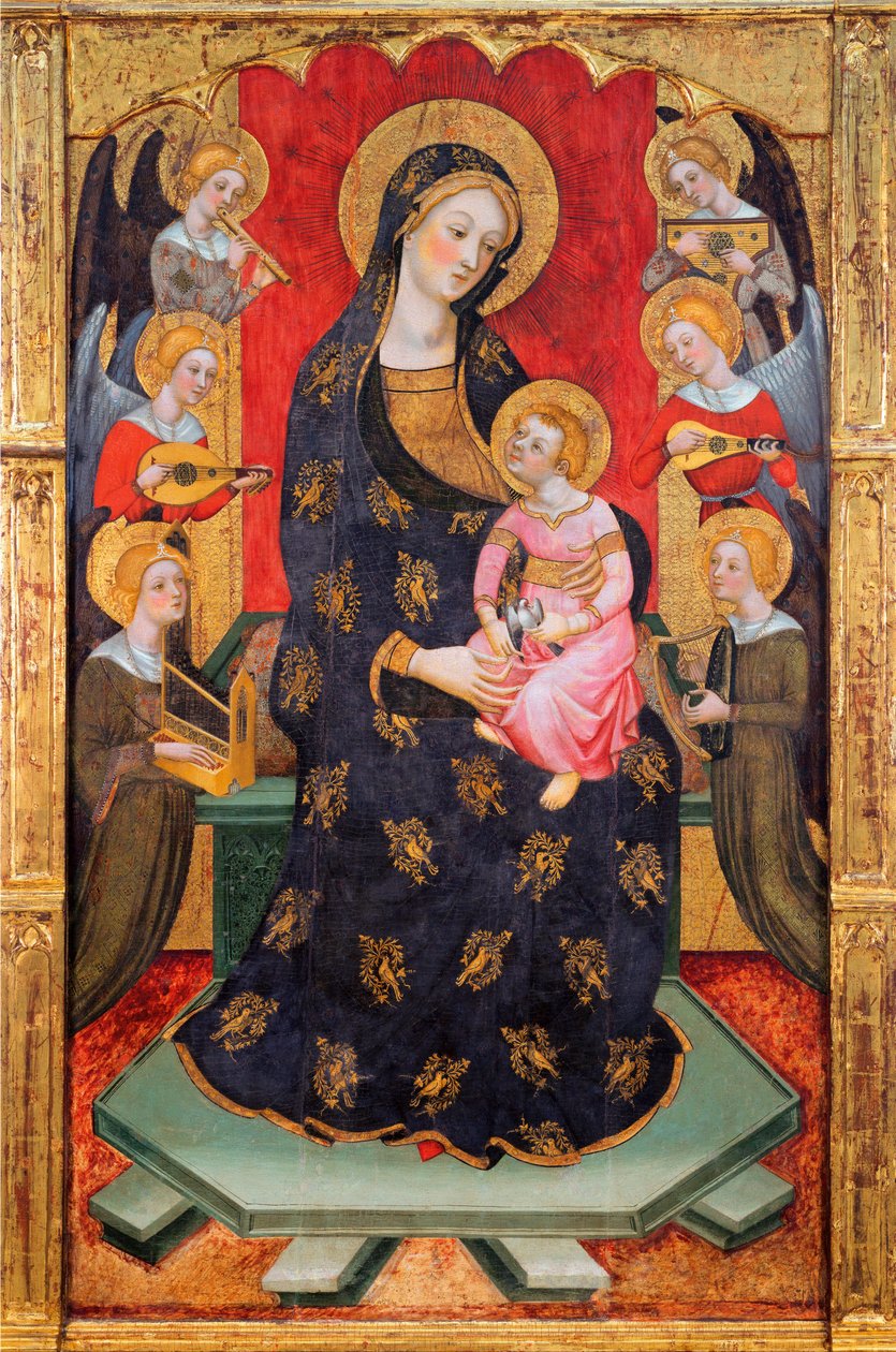 Madonna y el Niño con ángeles músicos - Madonna con ángeles tocando música - Pintura de Pere (Pedro) Serra (activo hacia 1357-1406), ca 1380 - Témpera sobre tabla - Museu Nacional d