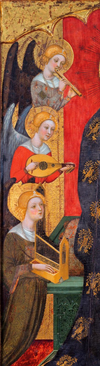 Madonna rodeada de ángeles músicos - Detalle de ángeles - Madonna con ángeles tocando música (Detalle) - Pintura de Pere Serra (activo hacia 1357-1406), ca 1380 - Témpera sobre tabla - Museu Nacional d