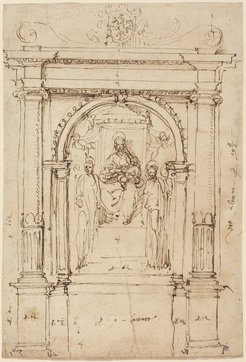 Retablo de la Virgen y el Niño con santos en su entorno arquitectónico de Perino del (1501-47) Vaga