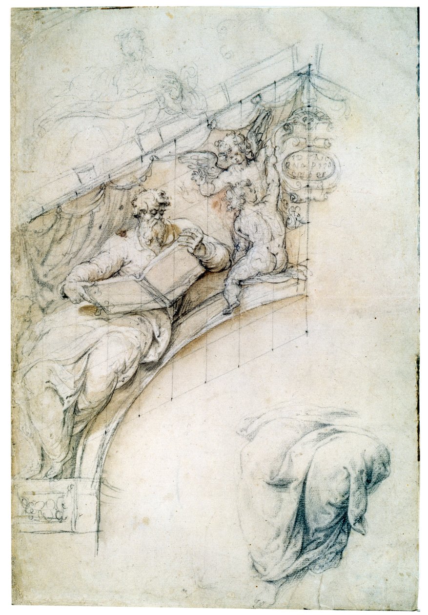 Decoración de una pared sobre un arco de entrada con un profeta y dos putti, c. 1525 de Perino del Vaga