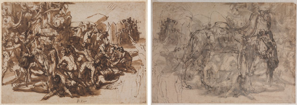 Poros Assailed by the Macedonian Army (recto); Sketches of Animals (verso) de Perino del Vaga