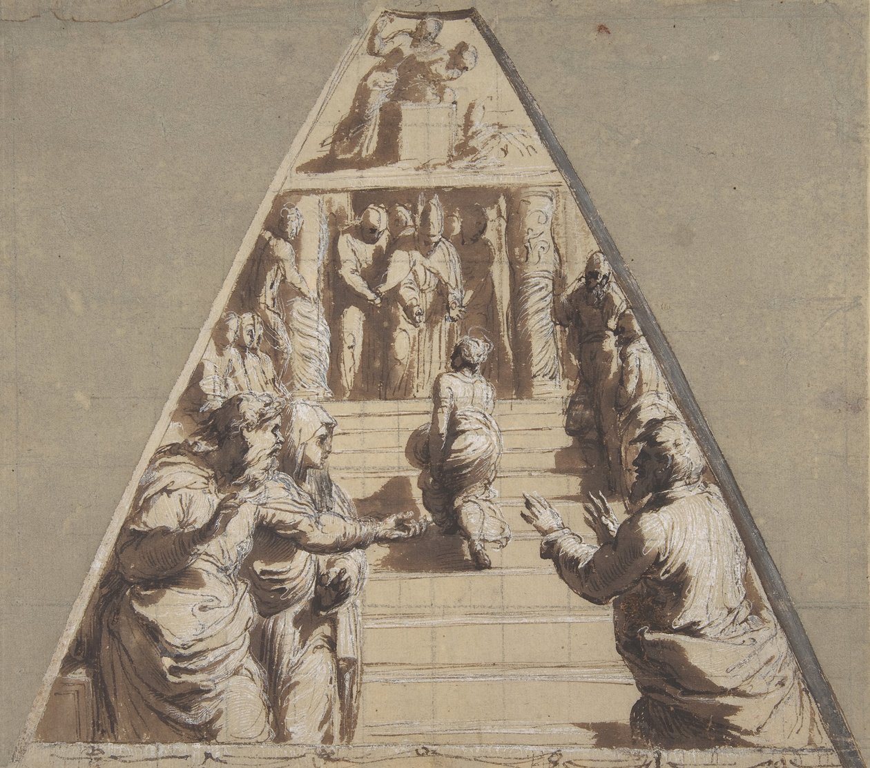 Presentación de la Virgen en el Templo abajo, Abraham a punto de sacrificar a Isaac arriba, 1520 de Perino del Vaga