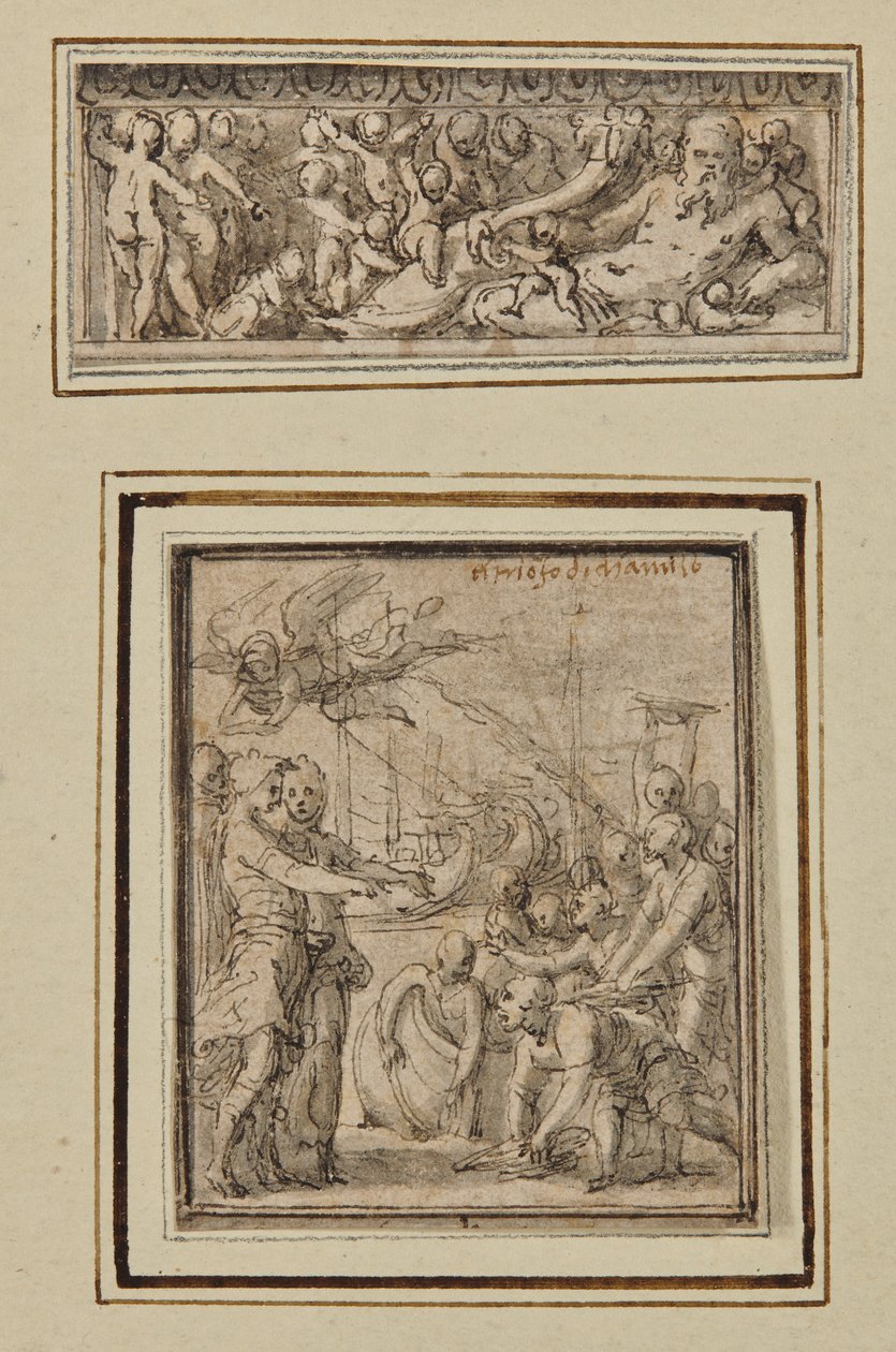 Dios del río rodeado de putti; y Triunfo de Marcus Furius Camillus de Perino del Vaga