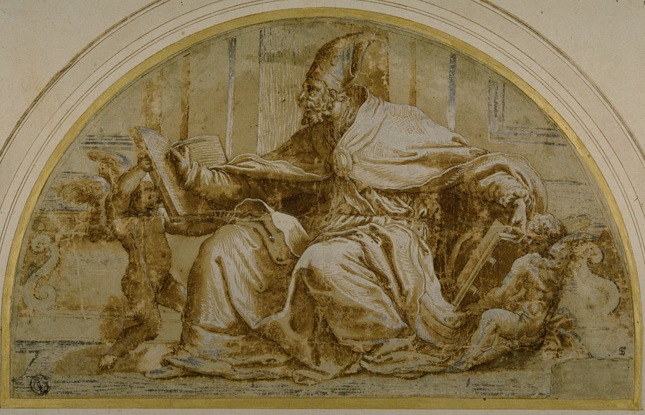 Padre de la Iglesia sentado (¿San Agustín?) con putti de Perino del Vaga