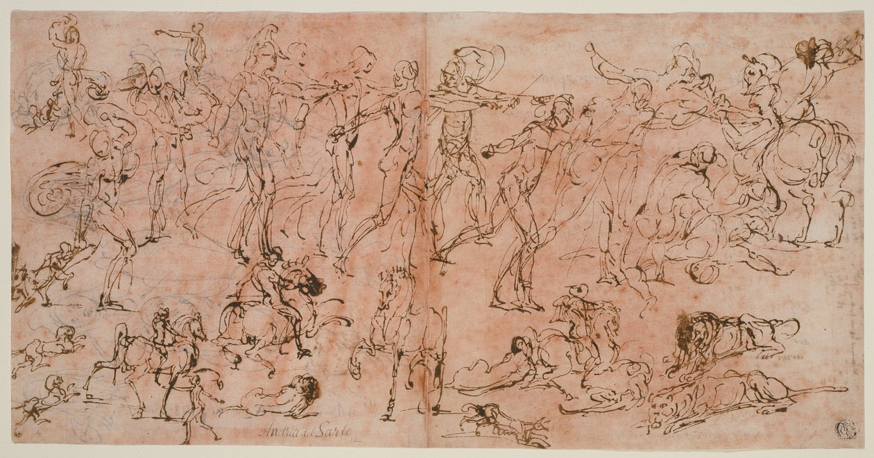 Estudios de guerreros, jinetes y leones (recto); Estudios de cabezas y figuras desnudas, plano del techo e inscripciones (verso) de Perino del Vaga