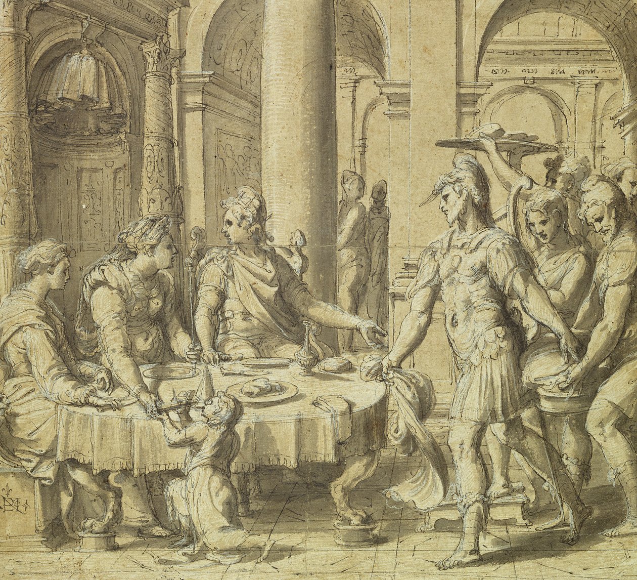 El banquete de Dido y Eneas, modelo para un tapiz en la serie Historia de Eneas, c.1532 de Perino del Vaga