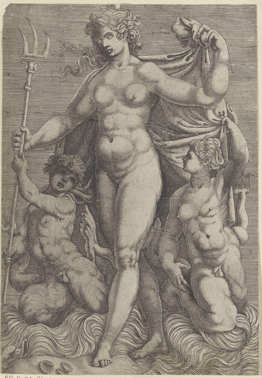 Tetis con dos tritones Neptuno y Tetis con dioses marinos y caballitos de mar (título de la serie) de Perino del Vaga