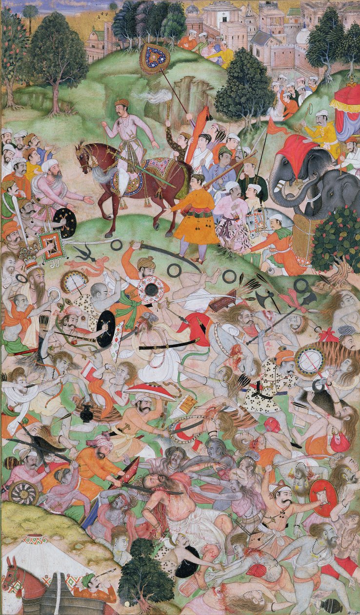 Akbar asistiendo en la disputa de los ascetas, del Akbarnama, Mughal, c.1590-95 (acuarela opaca y oro sobre papel) de Persian School