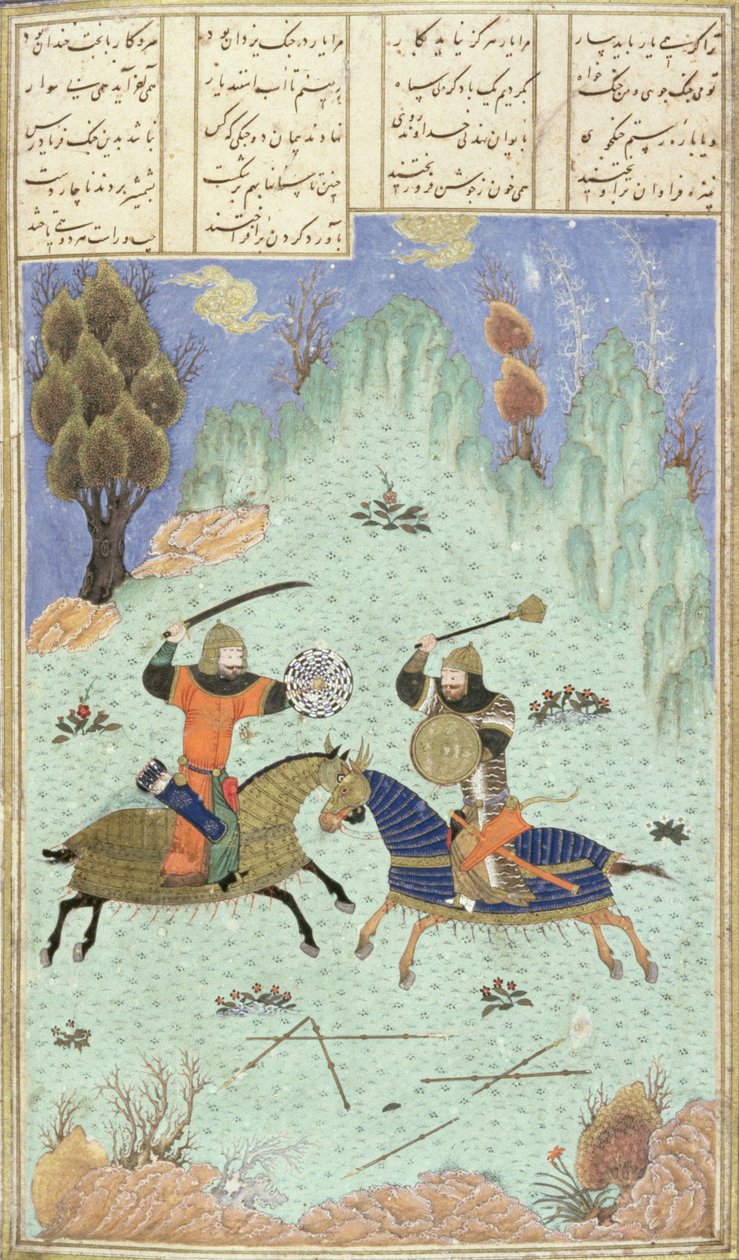 Batalla entre Rustam e Isfandiyar, ilustración del Shahnama (Libro de los Reyes) de Abul-Qasim Manur Firdawsi de Persian School