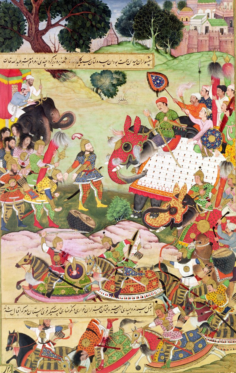 Batalla entre las fuerzas de Persia y Turán, ilustración del 