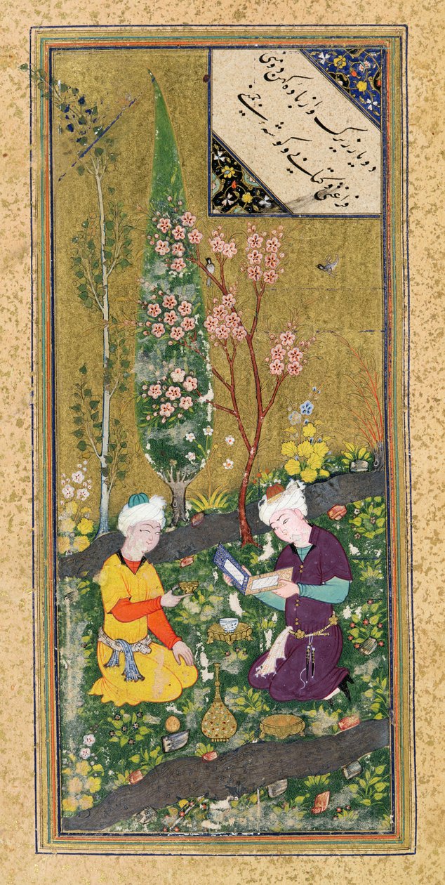 Ms C-860 fol.9a Dos figuras leyendo y relajándose en un huerto, c.1540-50 de Persian School