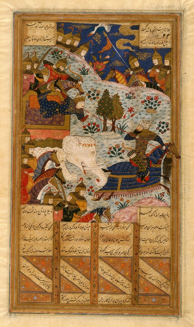 Rustum atrapa con lazo al Khagan de China, folio de un manuscrito del Shahnama de Ferdowsi de Persian School