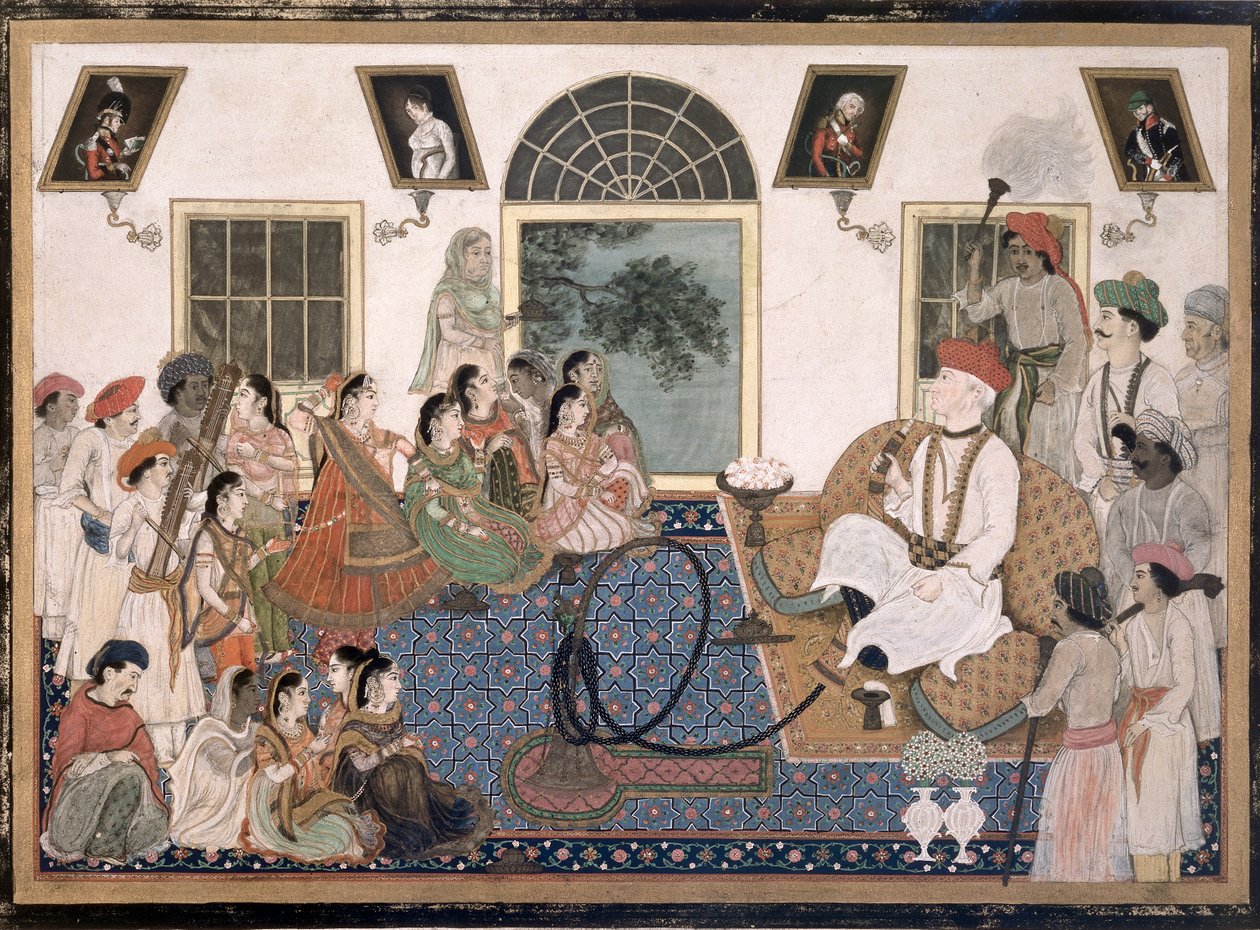 Un europeo, probablemente Sir David Ochterlony (1758-1825), vestido de indio, fumando un narguile y viendo un nautch en su casa en Delhi, c.1820 (tinta y color sobre papel) de Persian School