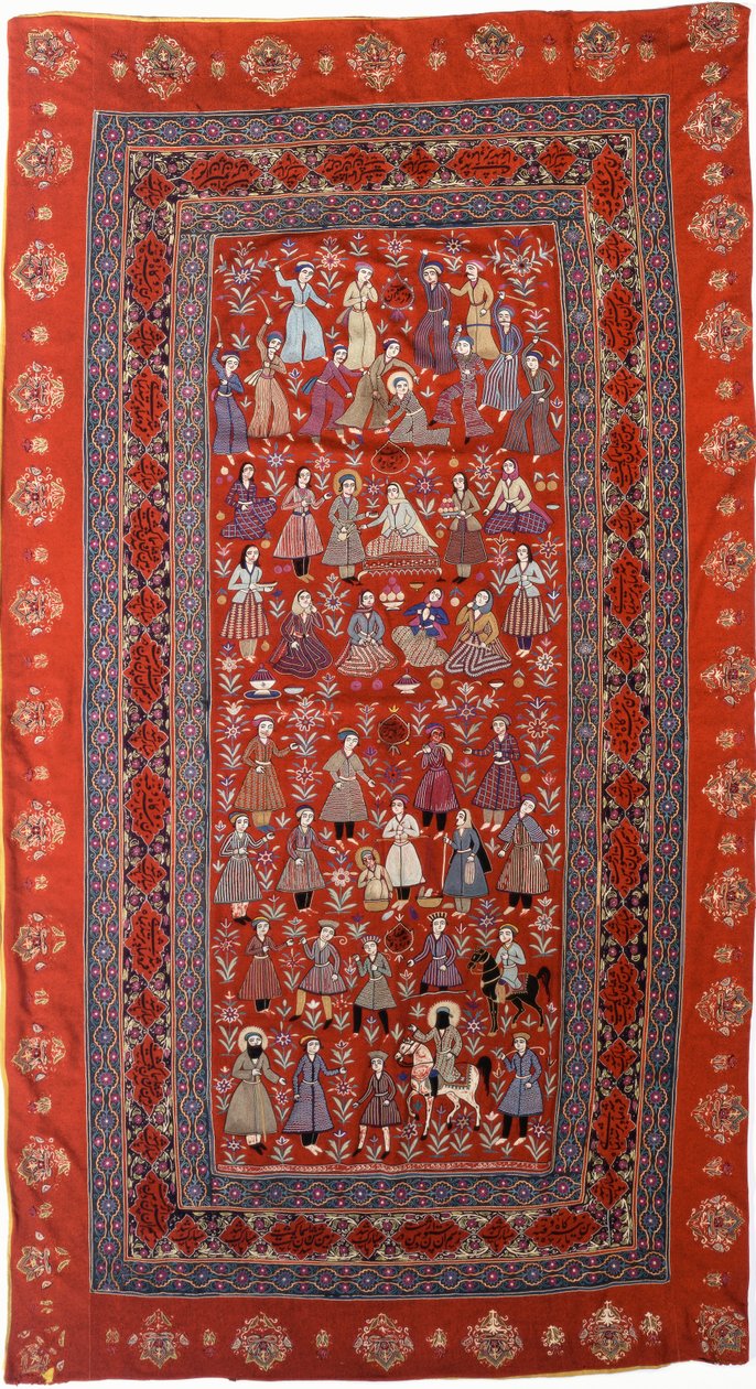 Un colgante bordado de paño de lana roja con filas de figuras representando la vida de José de Persian School