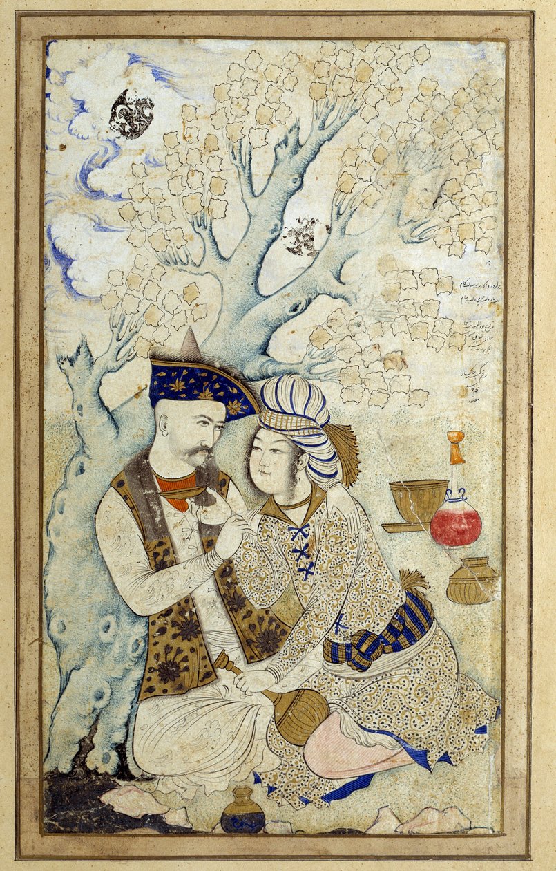 Arte islámico: Retrato de Shah Abbas I abrazando a uno de sus pajes. Dibujo persa de 1672. Dim: 0,16 x 0,27m. París, Museo del Louvre de Persian School