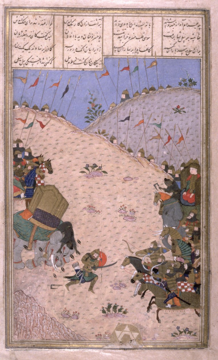 Bahram Chubina, su Elefante Asesinado, Lucha a Pie, ilustración del Shahnama (Libro de los Reyes), por Abul-Qasim Manur Firdawsi (c.934-c.1020) c.1440-45 de Persian School
