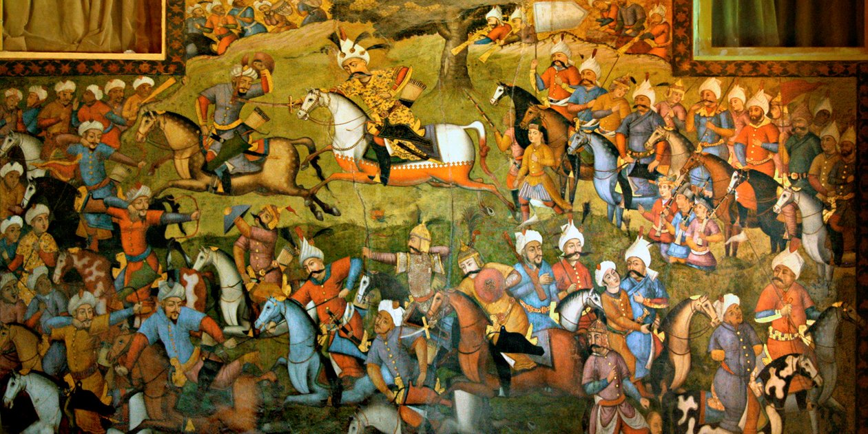 Batalla de Taher-Abad o Batalla de Merv con victoria de Shah Ismail I sobre Muhammad Shaybani Khan, Salón de Recepción, Chehel Sotun, 1647 de Persian School