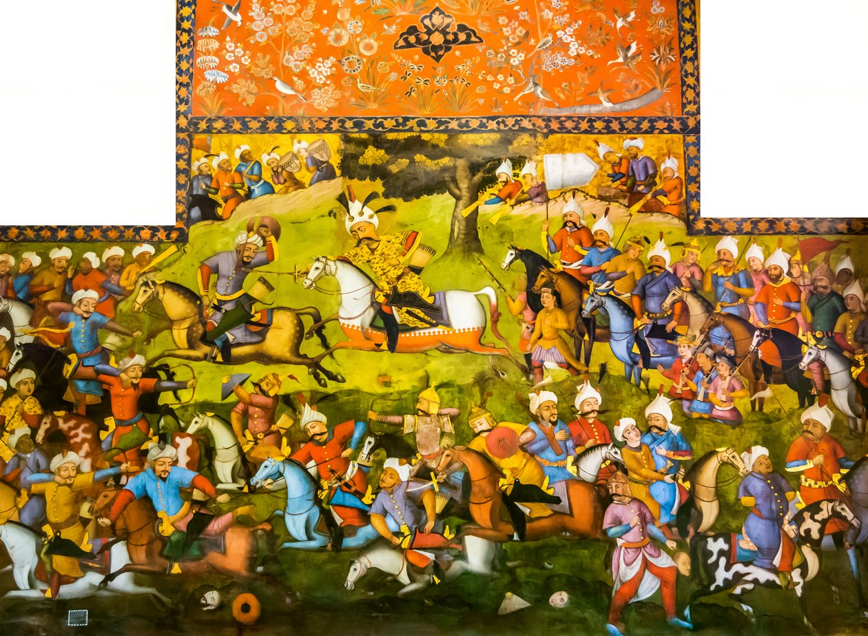 Batalla de Taher-Abad o Batalla de Merv con victoria de Shah Ismail I sobre Muhammad Shaybani Khan, Salón de Recepciones, Chehel Sotun, 1647 de Persian School