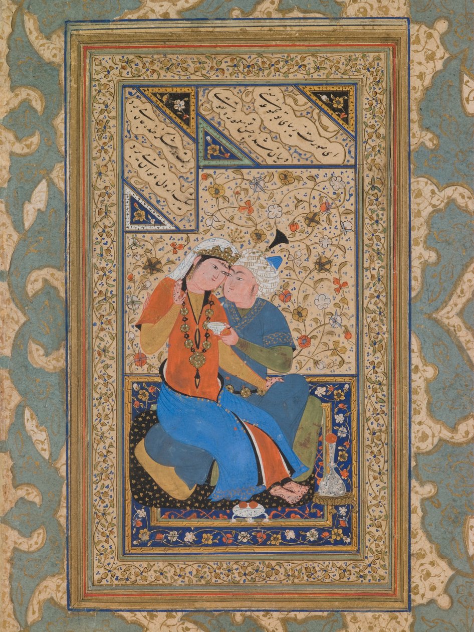 Pareja en cariñosa conversación, periodo safávida (acuarela sobre papel) de Persian School