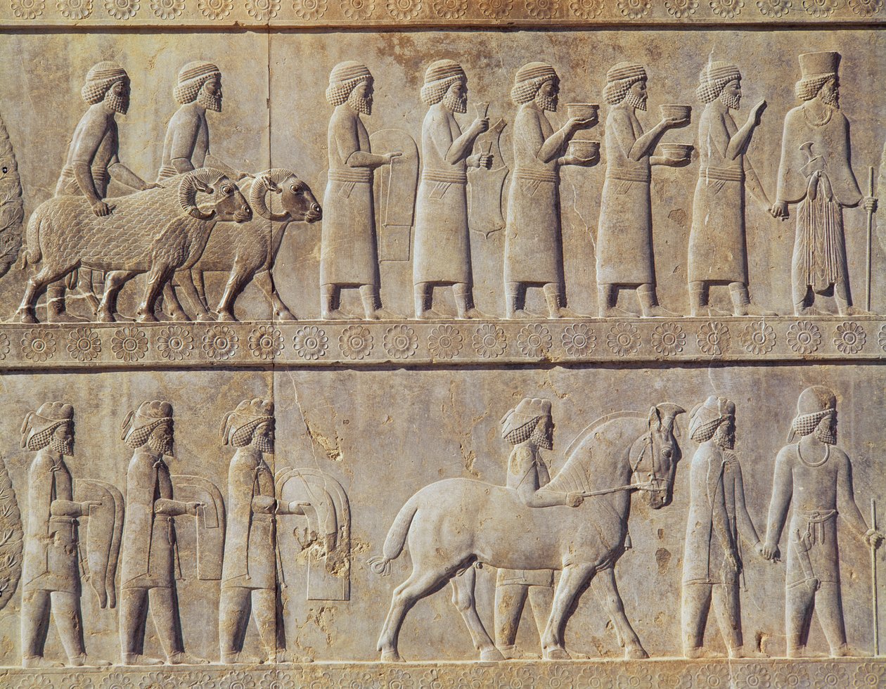 (Detalle) del friso en relieve en la escalera este del Apadana (sala de audiencias) que representa a delegados de las tierras sujetas al imperio llevando regalos lujosos para una ceremonia, periodo aqueménida, c.515 a.C. de Persian School
