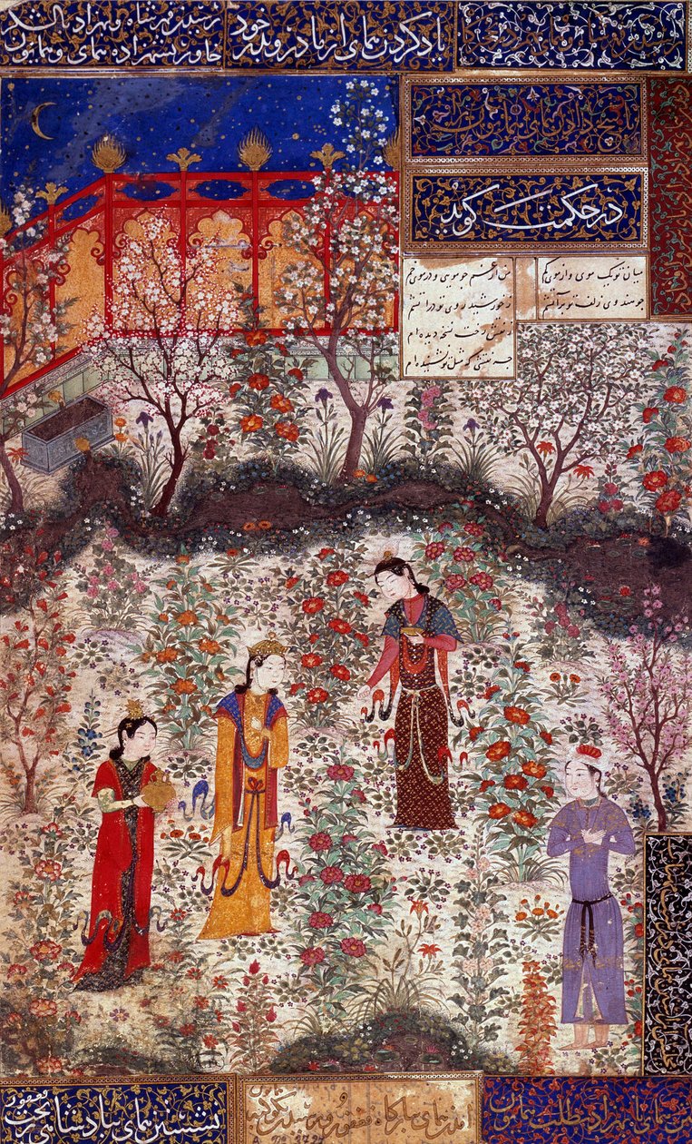 Primera entrevista del Príncipe Houmay y la Princesa Houmayoun de China. Miniatura tomada de un poema de Kuradjou Kirmani realizada por la escuela de Herat, alrededor de 1430. Irán. Artes decorativas, París de Persian School