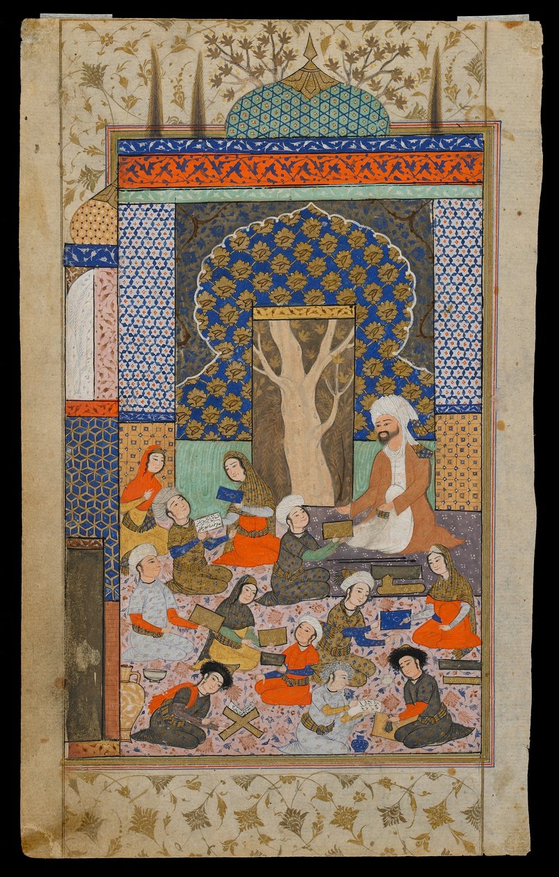Folio de un Khamsa (Quinteto) de Nizami; recto: Layla y Majnun en la escuela, Irán, período Safávida, c.1600-10 de Persian School