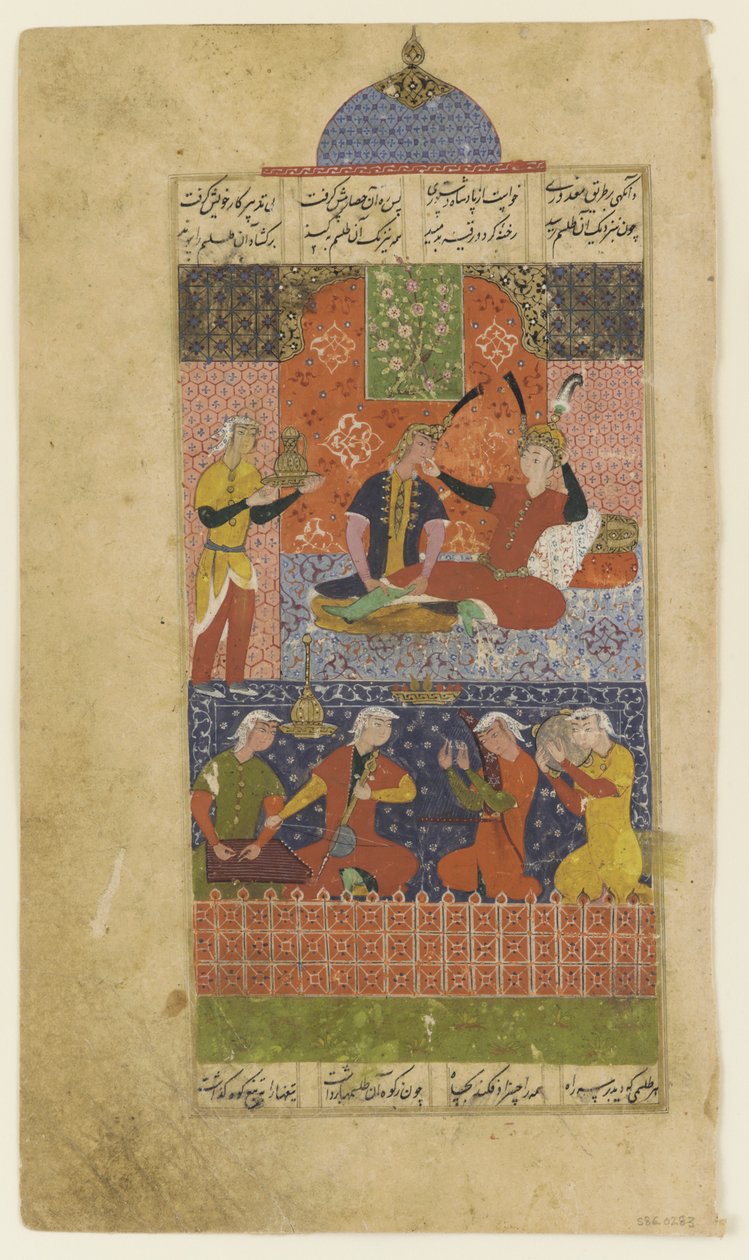 Folio de un Khamsa: Bahram Gur y la princesa en el pabellón rojo, c.1560 de Persian School