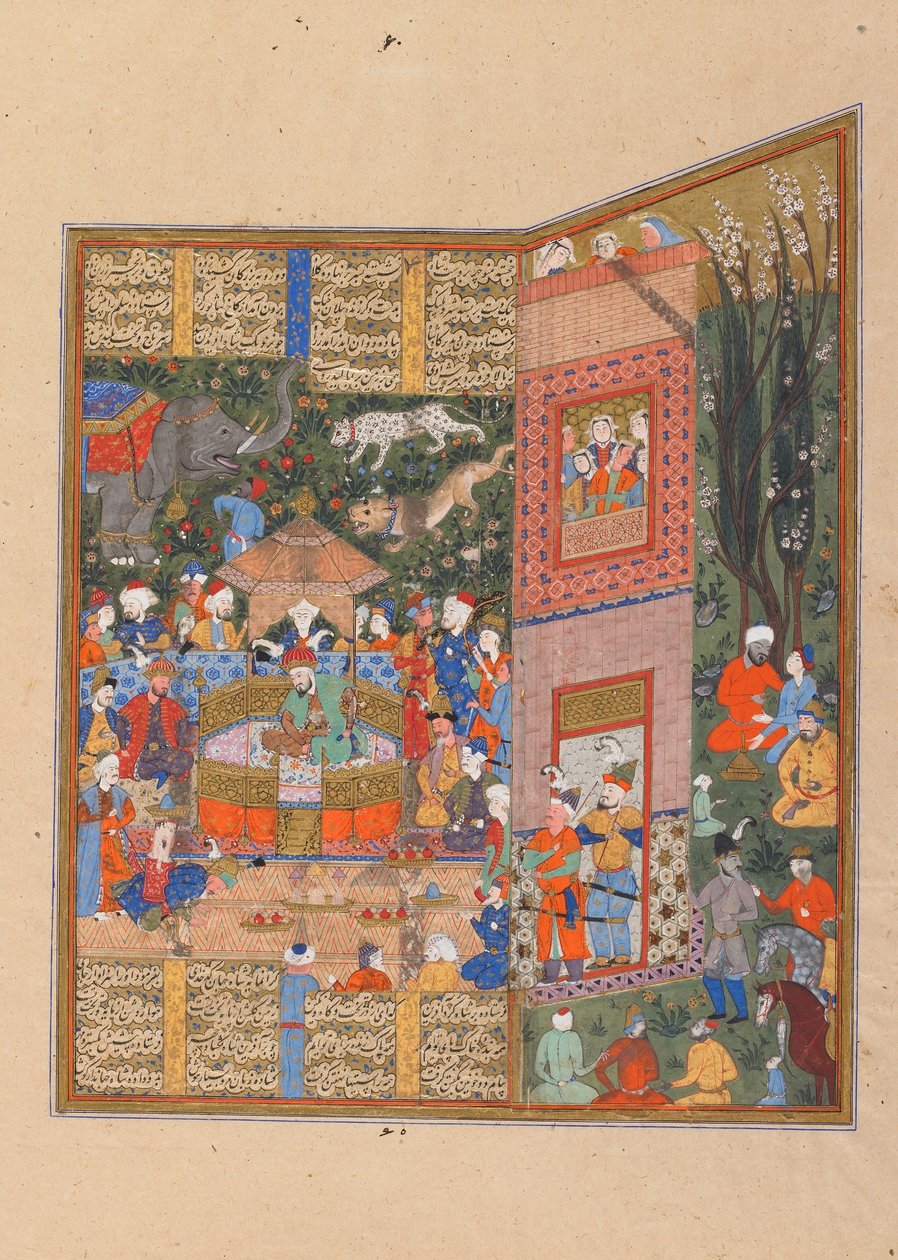 Folio de un Shahnama (Libro de los Reyes) de Firdawsi; verso: Los enviados de Salm y Tur ante Faridun, Shiraz, Irán, período Saravid, c.1560 de Persian School