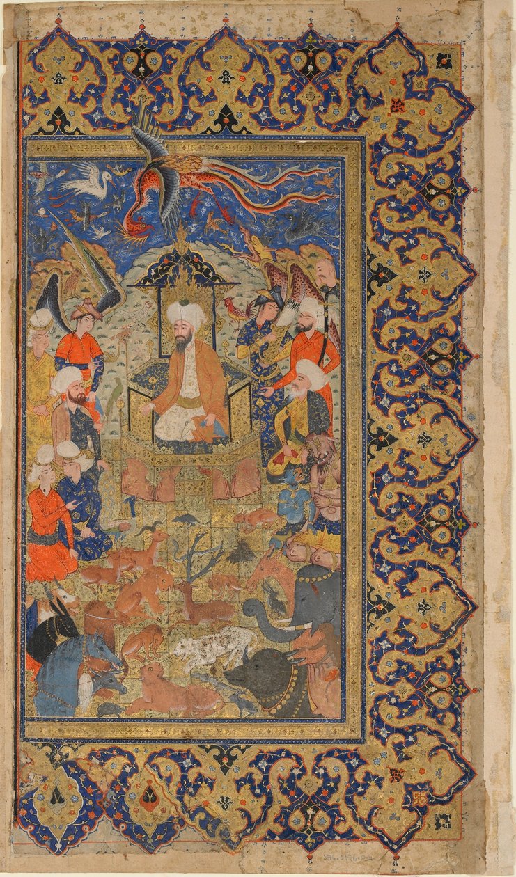 Folio de un Shahnama (Libro de los Reyes) de Firdawsi; verso: Sulayman entronizado, Shiraz, Fars, Irán, período Safavid, c.1590-1600 de Persian School