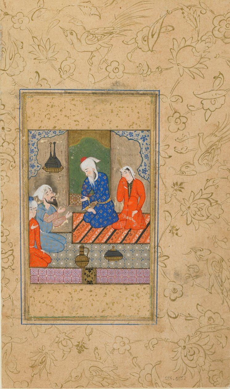 Folio de un Yusuf u Zulaykha de Jami; Zulaykha y un anciano escuchan una conversación, posiblemente Mashhad, Irán, c.1560-70 de Persian School
