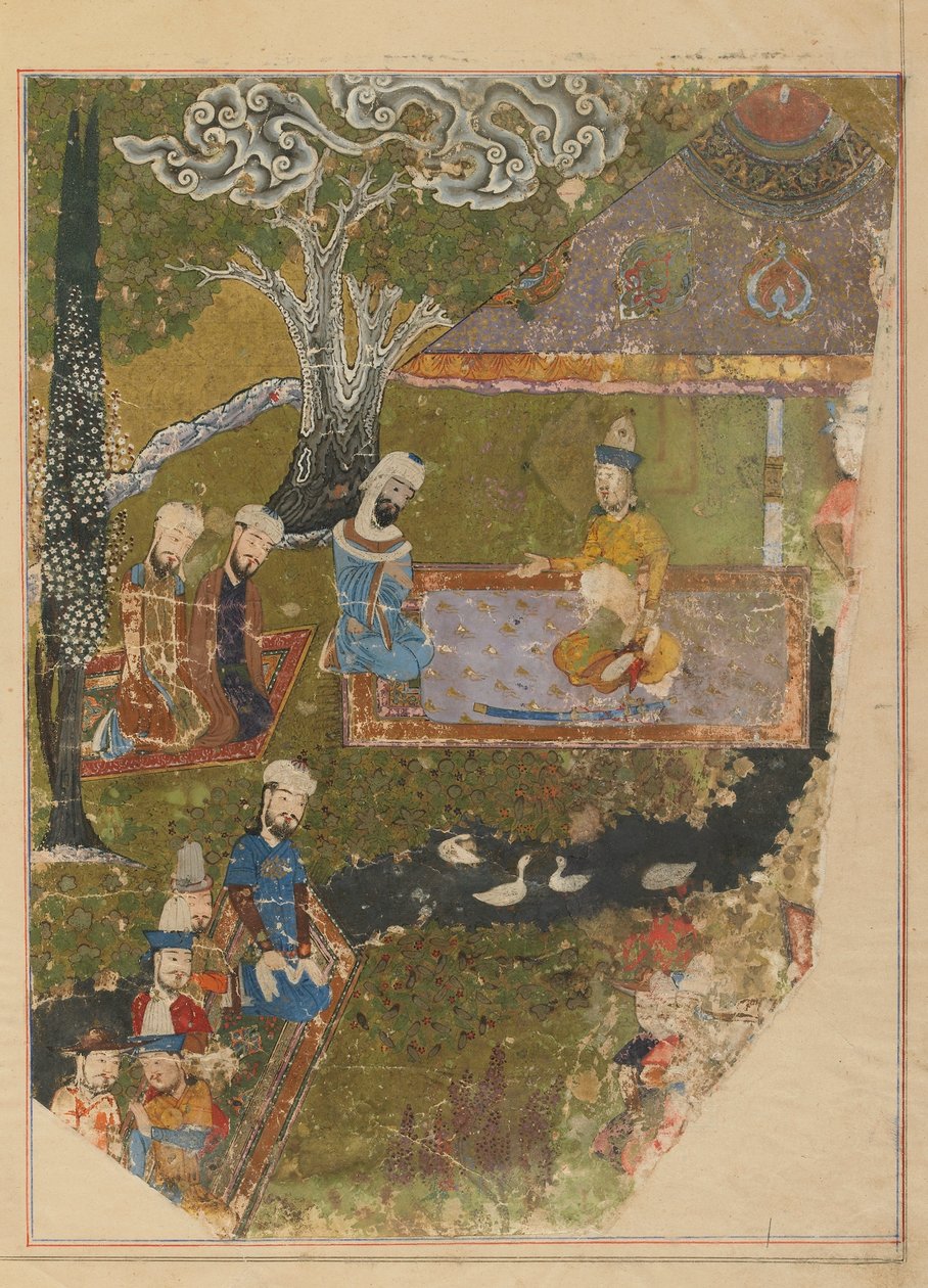 Folio de un Zafarnama; verso: Timur concede una audiencia con motivo de su ascenso al trono en Balkh, Shiraz, Irán, período Timúrida de Persian School