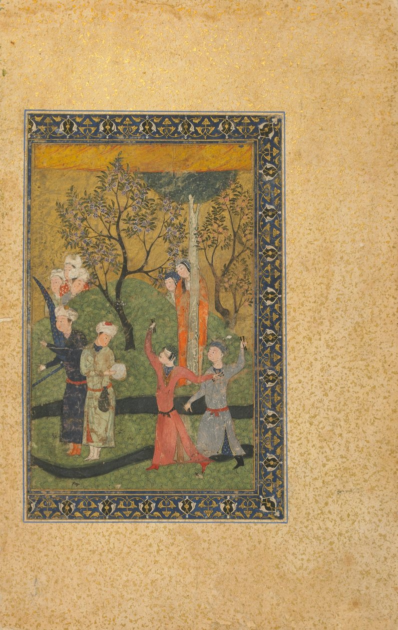Folio de un texto no identificado; Un príncipe y una princesa rodeados de cortesanos en un jardín, Irán, período turcomano, c.1480 de Persian School