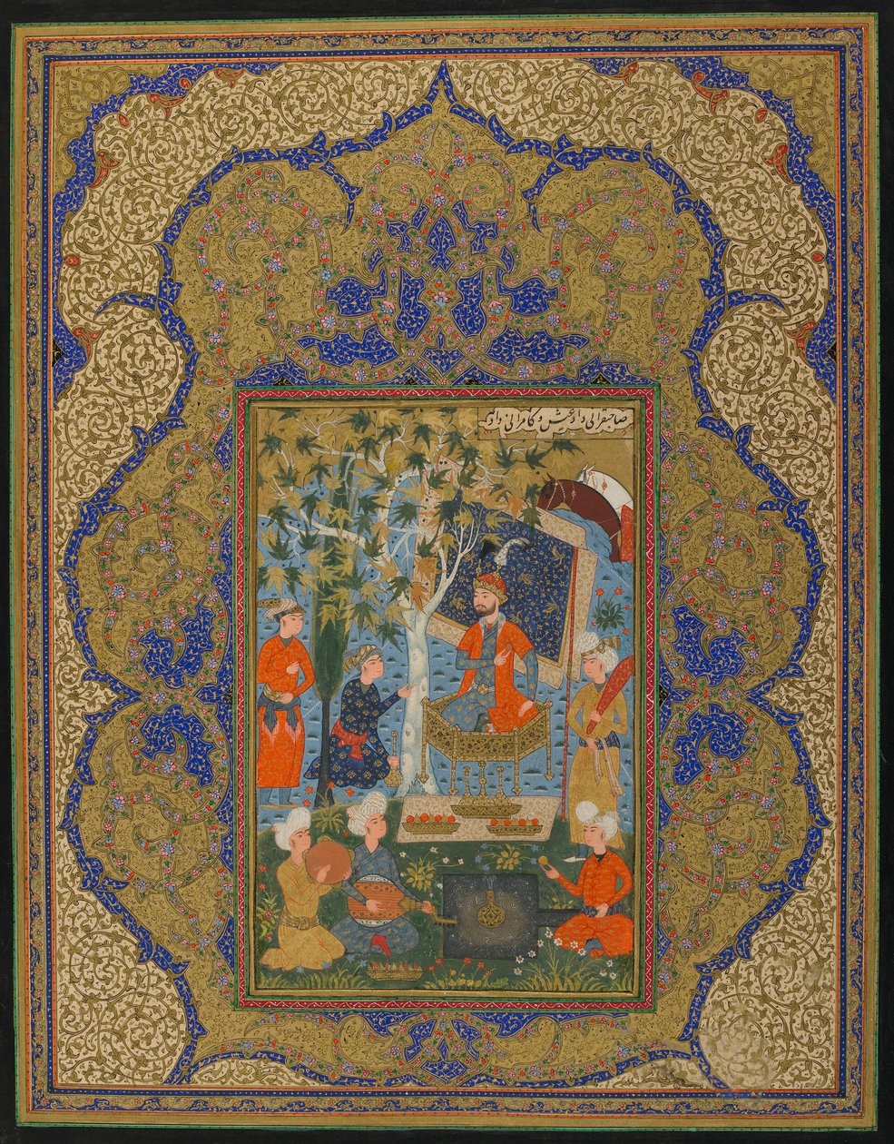 Folio de un texto no identificado; Un gobernante entronizado, posiblemente Khurasan, Irán, c.1590 de Persian School
