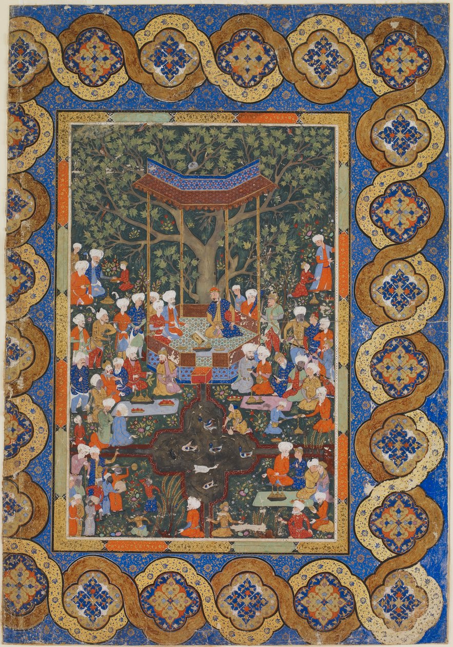 Folio de un texto no identificado; Un gobernante en un pabellón de jardín rodeado de cortesanos y asistentes de Persian School