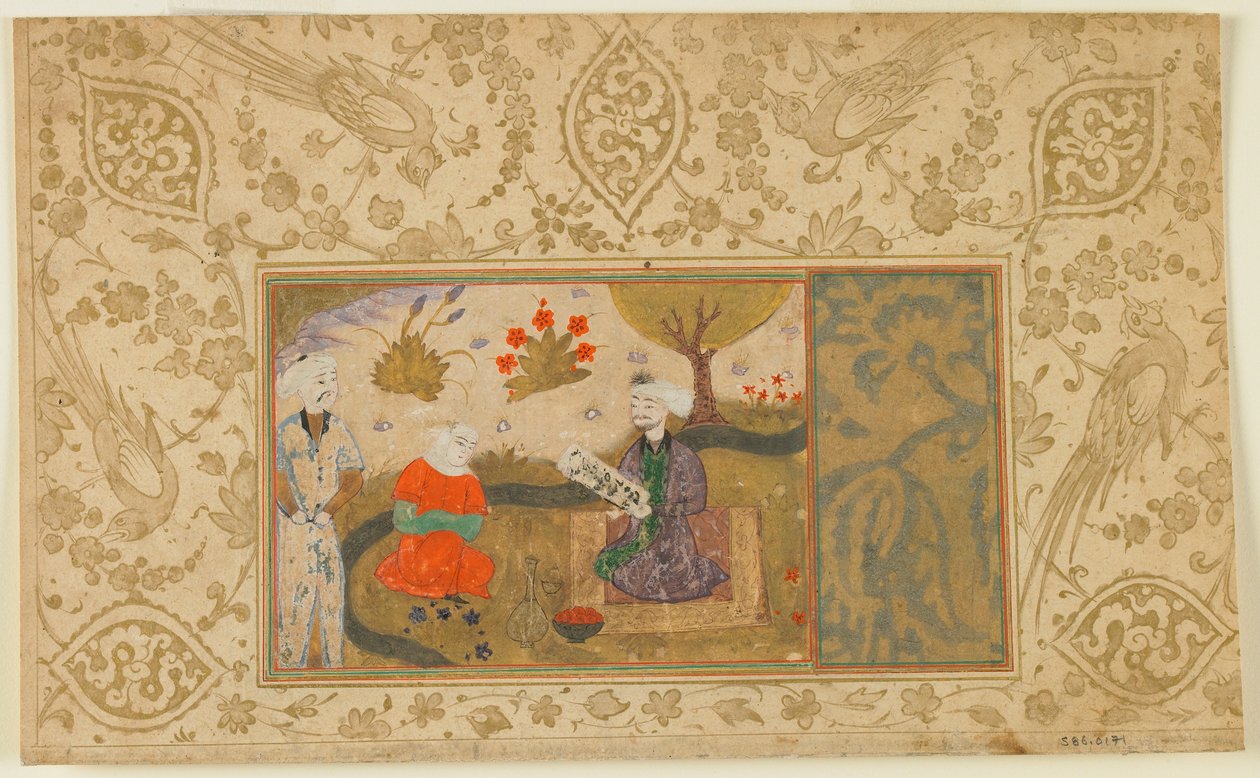 Folio de un texto no identificado; Una mujer conversa con un hombre sentado junto a un arroyo, Irán, c.1500 de Persian School