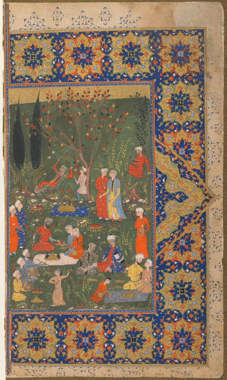 Folio de un texto no identificado; verso: Una fiesta en un jardín, Shiraz, Irán, c.1570 de Persian School