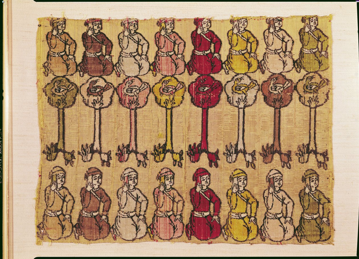 Cazadores y pájaros posados en árboles de Persian School