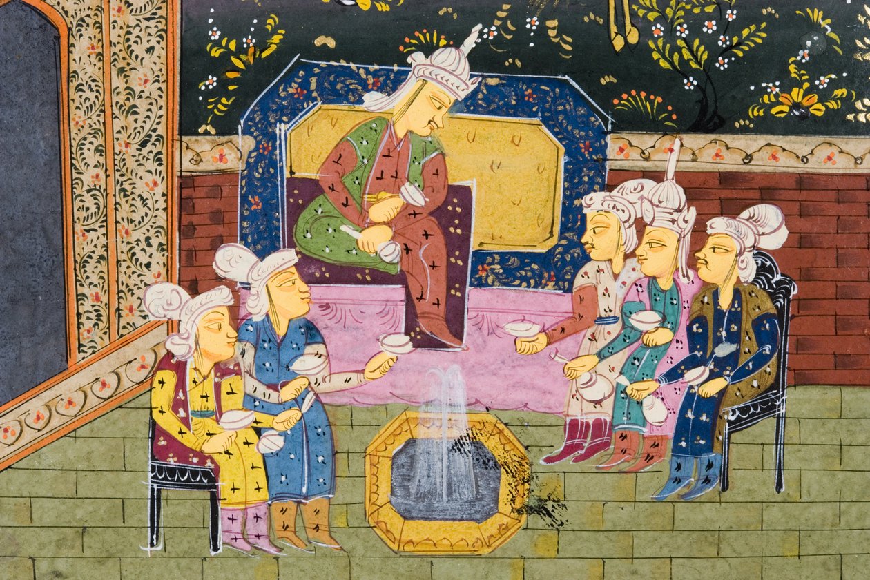 Cazadores y favoritos bebiendo con noble o rey (detalle) de Persian School