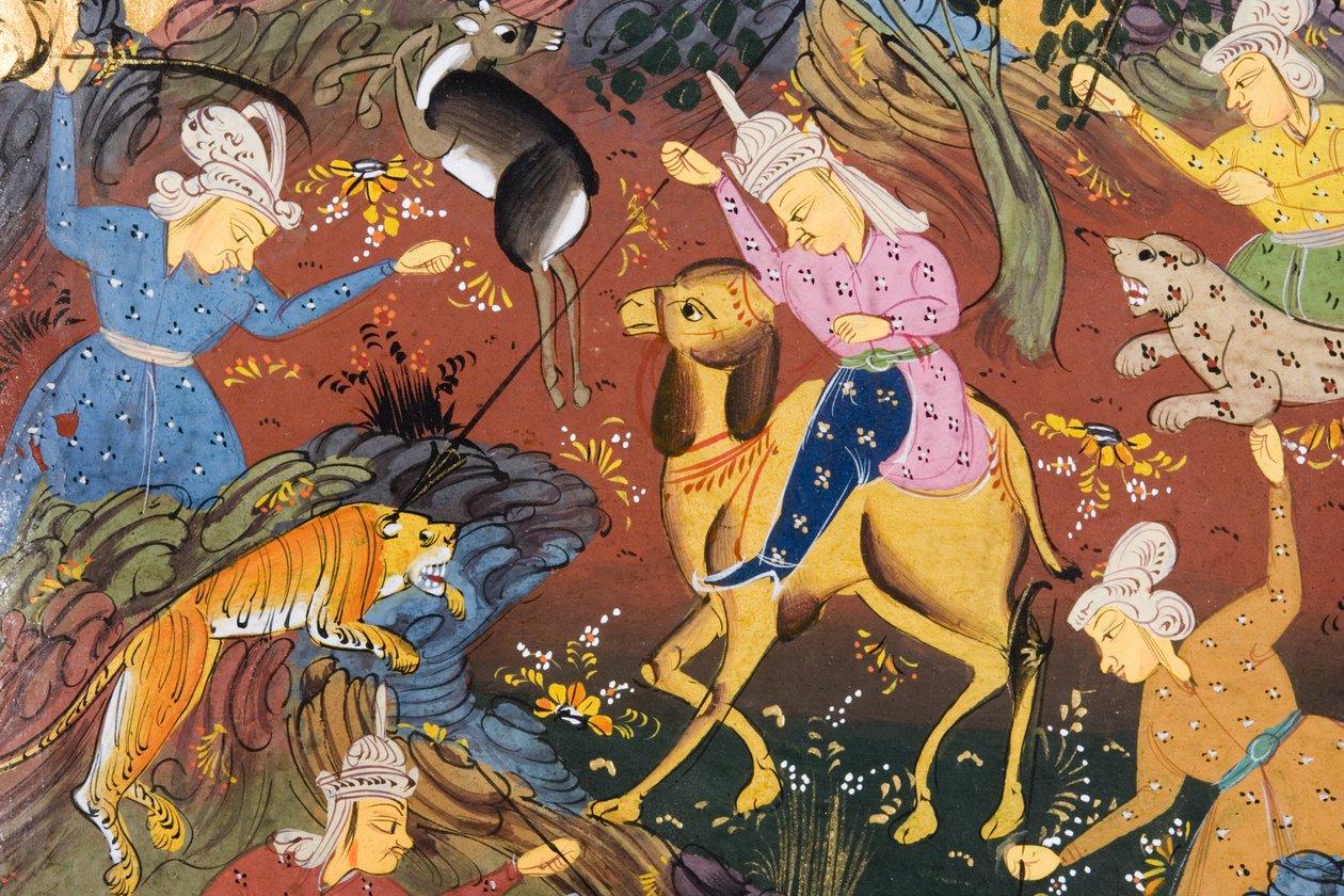 Cazadores montados y a pie matando ciervos y tigres (acuarela opaca sobre papel) (detalle de 272916) de Persian School